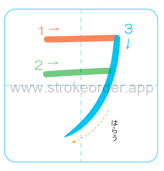 Katakana stroke order forwo (ヲ)